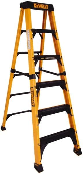 DeWALT - 5 Steps, 6' High, Type IAA Rating, Fiberglass Step Ladder - 375 Lb Capacity, 24-1/16" Base Width - Exact Tooling