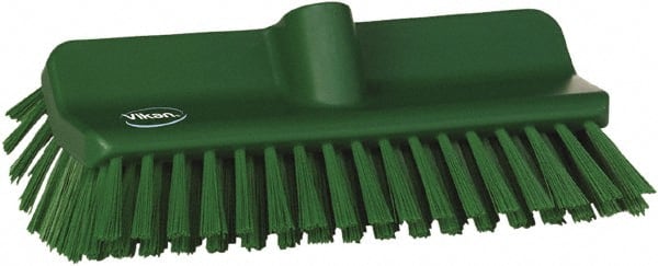 Vikan - 1-1/2" Bristle Length, Polyester Cleaning & Finishing Brush - 9-5/8" Long x 5" Wide Head, 10" OAL, European Threaded Handle, Green, Polypropylene Block - Exact Tooling