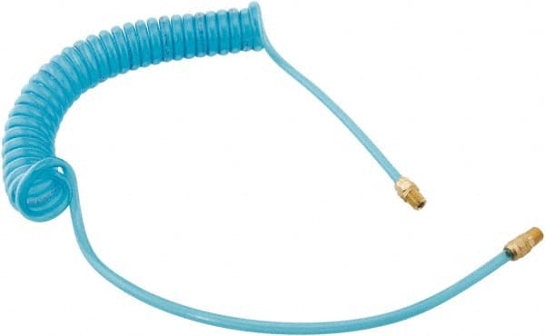 Parker - 3/8" ID, 3/8 Thread, 25' Long, Transparent Blue 95A Shore Durometer Polyurethane Coiled & Self Storing Hose - 140 Max psi, Male Rigid x Male Swivel - Exact Tooling