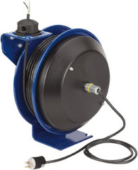 CoxReels - 12 AWG, 75' Cable Length, Cord & Cable Reel with Bare End - 0 Outlets, 20 Amps, 115 Volts, SJO Cable, Blue Reel, Spring Driven Reel - Exact Tooling