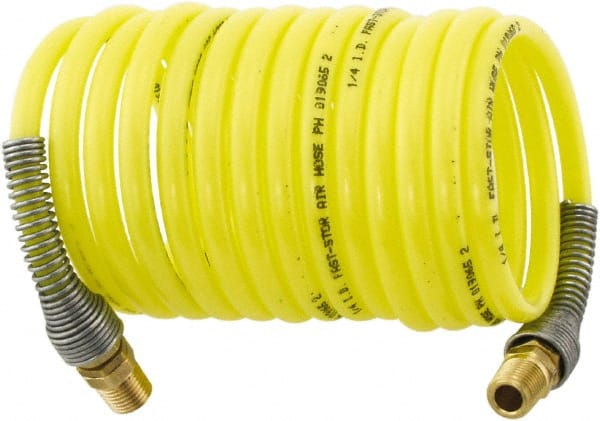 Parker - 3/16" ID, 1/4 Thread, 12' Long, Yellow Nylon Coiled & Self Storing Hose - 225 Max psi, Male Rigid x Male Swivel - Exact Tooling