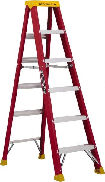 Louisville - 5 Steps, 6' High, Type IA Rating, Fiberglass Step Ladder - 300 Lb Capacity, 21-13/16" Base Width - Exact Tooling