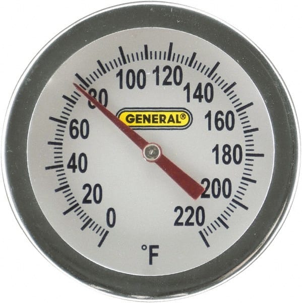 General - 20 Inch Long Stem, 2 Inch Dial Diameter, Back Connected Bi-Metal Thermometer - 220°Fahrenheit - Exact Tooling