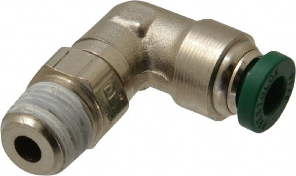 Parker - 3/16" Outside Diam, 1/8 NPTF, Nickel Plated Brass Push-to-Connect Tube Male Swivel Elbow - 300 Max psi, Tube to Male NPT Connection, Buna-N O-Ring - Exact Tooling