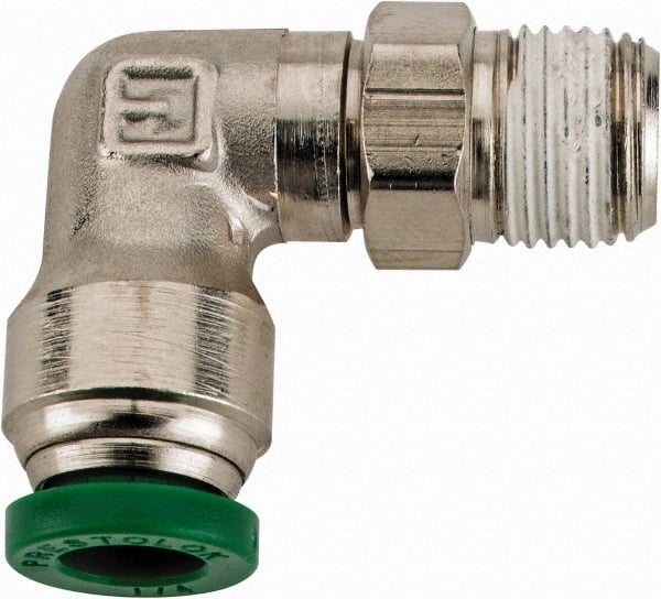 Parker - 1/4" Outside Diam, 1/8 NPTF, Nickel Plated Brass Push-to-Connect Tube Male Swivel Elbow - 300 Max psi, Tube to Male NPT Connection, Buna-N O-Ring - Exact Tooling