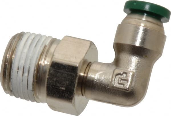 Parker - 1/4" Outside Diam, 3/8 NPTF, Nickel Plated Brass Push-to-Connect Tube Male Swivel Elbow - 300 Max psi, Tube to Male NPT Connection, Buna-N O-Ring - Exact Tooling