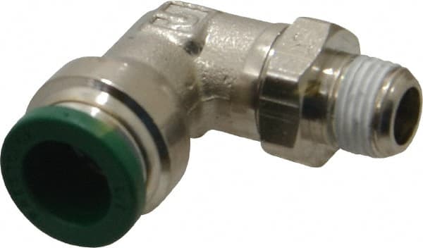 Parker - 3/8" Outside Diam, 1/8 NPTF, Nickel Plated Brass Push-to-Connect Tube Male Swivel Elbow - 300 Max psi, Tube to Male NPT Connection, Buna-N O-Ring - Exact Tooling