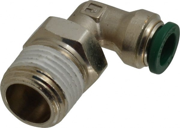 Parker - 3/8" Outside Diam, 1/2 NPTF, Nickel Plated Brass Push-to-Connect Tube Male Swivel Elbow - 300 Max psi, Tube to Male NPT Connection, Buna-N O-Ring - Exact Tooling