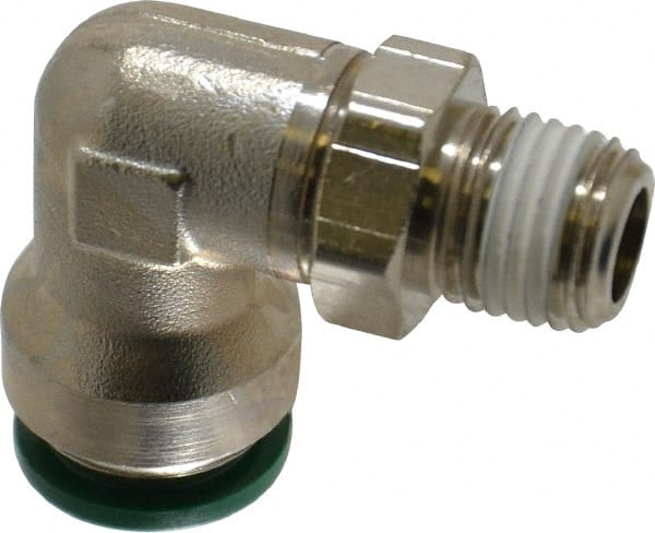 Parker - 1/2" Outside Diam, 1/4 NPTF, Nickel Plated Brass Push-to-Connect Tube Male Swivel Elbow - 300 Max psi, Tube to Male NPT Connection, Buna-N O-Ring - Exact Tooling