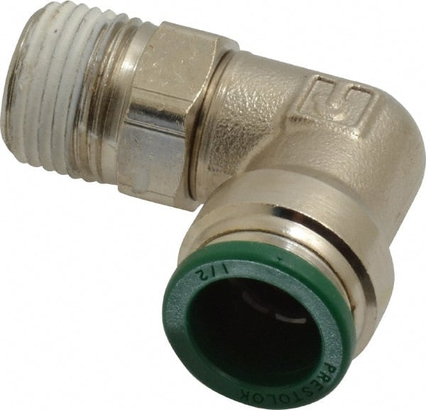 Parker - 1/2" Outside Diam, 3/8 NPTF, Nickel Plated Brass Push-to-Connect Tube Male Swivel Elbow - 300 Max psi, Tube to Male NPT Connection, Buna-N O-Ring - Exact Tooling