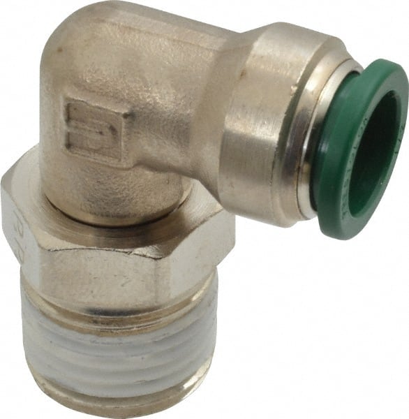 Parker - 1/2" Outside Diam, 1/2 NPTF, Nickel Plated Brass Push-to-Connect Tube Male Swivel Elbow - 300 Max psi, Tube to Male NPT Connection, Buna-N O-Ring - Exact Tooling