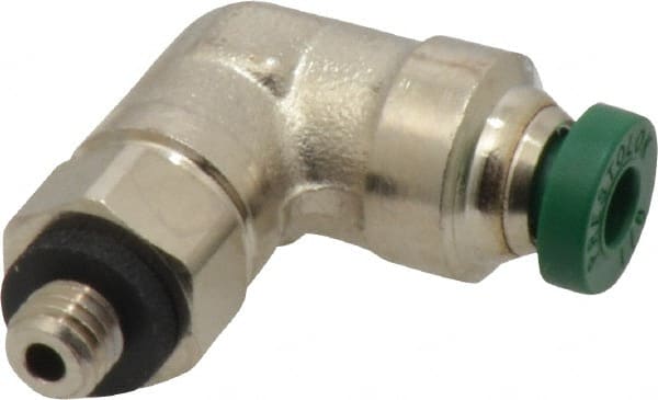 Parker - 1/8" Outside Diam, 10-32 UNF, Nickel Plated Brass Push-to-Connect Tube Male Swivel Elbow - 300 Max psi, Tube to Male UNF Connection, Buna-N O-Ring - Exact Tooling
