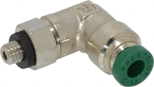 Parker - 5/32" Outside Diam, 10-32 UNF, Nickel Plated Brass Push-to-Connect Tube Male Swivel Elbow - 300 Max psi, Tube to Male UNF Connection, Buna-N O-Ring - Exact Tooling