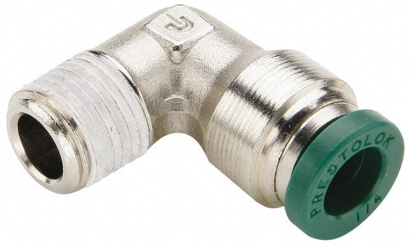 Parker - 5/16" Outside Diam, 1/4 NPTF, Nickel Plated Brass Push-to-Connect Tube Male Elbow - 300 Max psi, Tube to Male NPT Connection, Buna-N O-Ring - Exact Tooling
