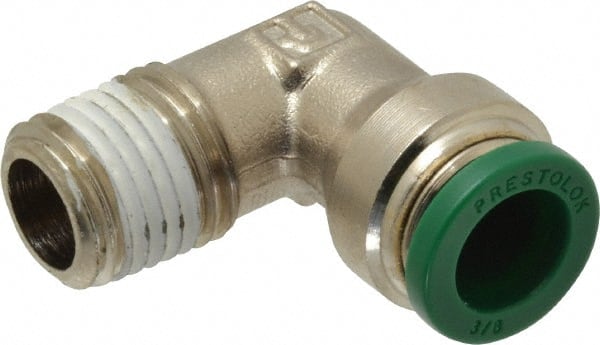 Parker - 3/8" Outside Diam, 1/4 NPTF, Nickel Plated Brass Push-to-Connect Tube Male Elbow - 300 Max psi, Tube to Male NPT Connection, Buna-N O-Ring - Exact Tooling