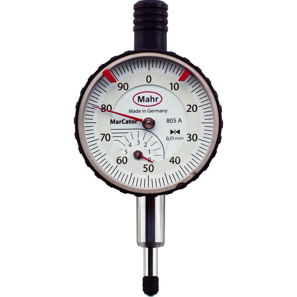 Mahr - Dial Drop Indicators; Maximum Measurement (Inch): 0.2 ; Maximum Measurement (mm): 5.00 ; Dial Graduation (mm): 0.0100 ; Dial Graduation (Decimal Inch): 0.000400 ; Dial Reading: 0-100 ; Dial Diameter (mm): 34.00 - Exact Tooling