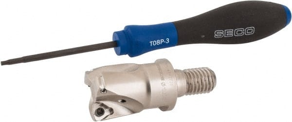 Seco - 1" Cut Diam, 0.027" Max Depth, M12 Modular Connection Indexable High-Feed End Mill - Screw Holding Method, 218.19-100 Insert, R217.21 Toolholder, Through Coolant - Exact Tooling