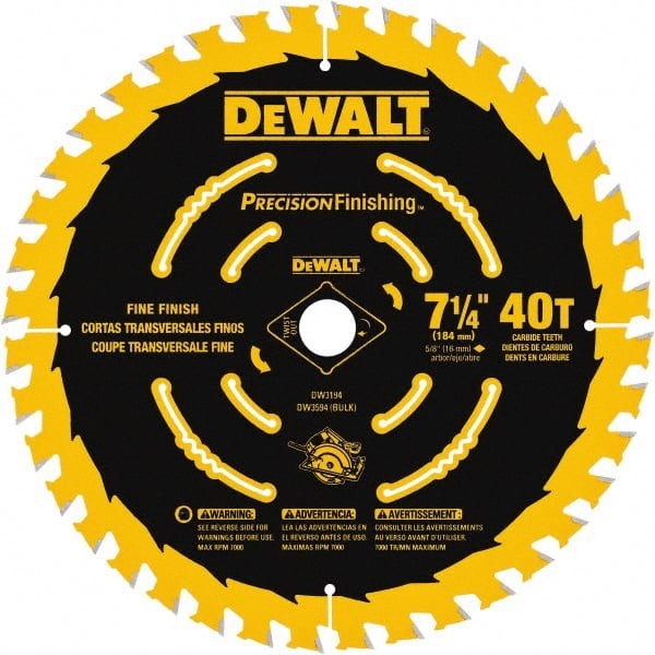 DeWALT - 7-1/4" Diam, 5/8" Arbor Hole Diam, 40 Tooth Wet & Dry Cut Saw Blade - Carbide-Tipped, Diamond Arbor - Exact Tooling