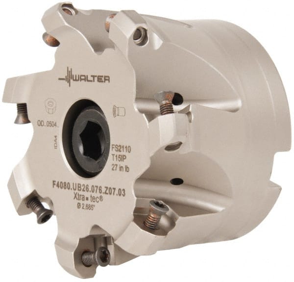 Walter - 4" Cut Diam, 1-1/2" Arbor Hole, 4mm Max Depth of Cut, 43° Indexable Chamfer & Angle Face Mill - 7 Inserts, ODM. 0605.., ODH. 0605.. Insert, Series F4080 - Exact Tooling