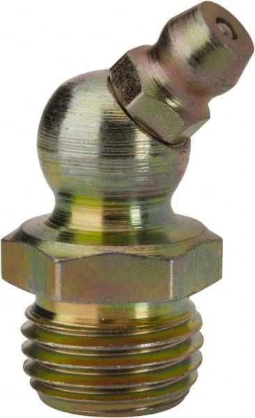 PRO-LUBE - 45° Head Angle, 1/4-18 NPT Steel Standard Grease Fitting - 9/16" Hex, 29.74mm Overall Height, 9.27mm Shank Length, Zinc Plated Finish - Exact Tooling