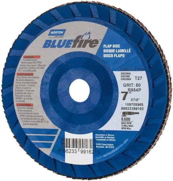 Norton - 7" 80 Grit 7/8" Center Hole Type 27 Zirconia Alumina Flap Disc - Exact Tooling