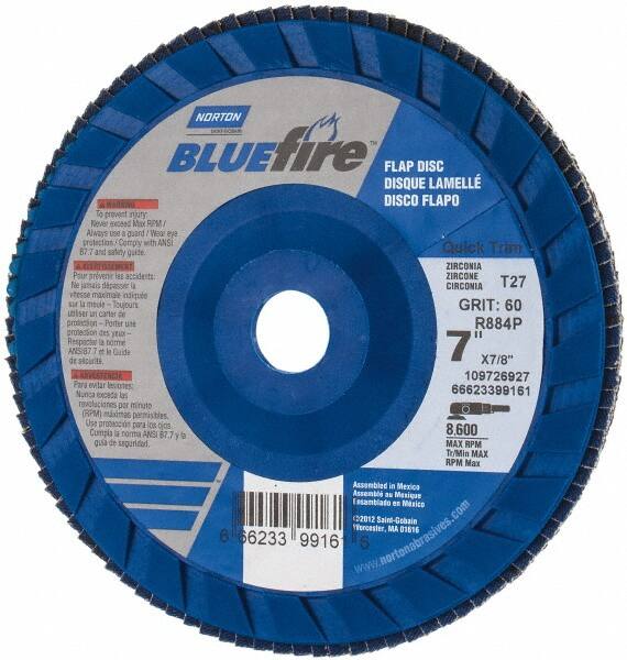 Norton - 60 Grit, 7" Disc Diam, 7/8" Center Hole, Type 27 Zirconia Alumina Flap Disc - 8,600 Max RPM, Fiberglass Backing, Arbor Attaching System, Coated - Exact Tooling