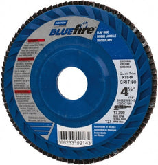 Norton - 80 Grit, 4-1/2" Disc Diam, 7/8" Center Hole, Type 27 Zirconia Alumina Flap Disc - 13,300 Max RPM, Fiberglass Backing, Arbor Attaching System, Coated - Exact Tooling