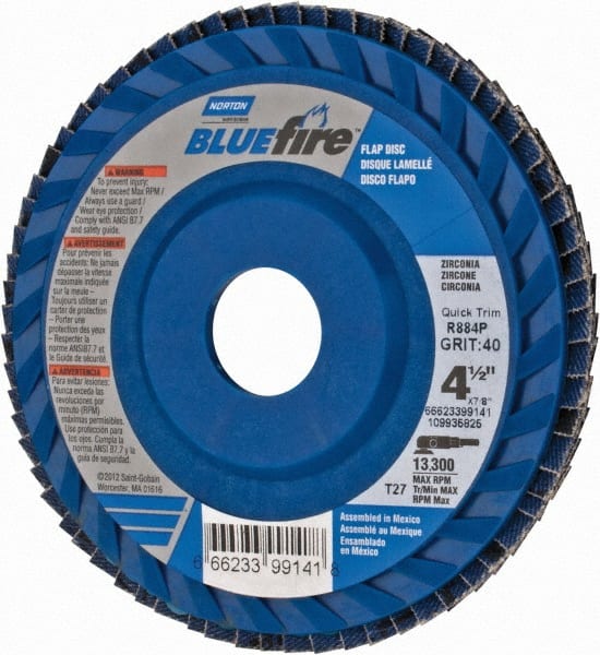 Norton - 40 Grit, 4-1/2" Disc Diam, 7/8" Center Hole, Type 27 Zirconia Alumina Flap Disc - 13,300 Max RPM, Fiberglass Backing, Arbor Attaching System, Coated - Exact Tooling