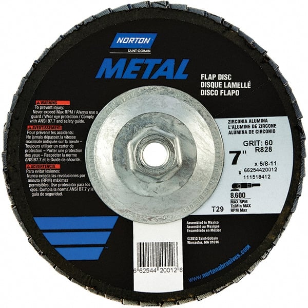 Norton - 80 Grit, 7" Disc Diam, 5/8-11 Center Hole, Type 29 Zirconia Alumina Flap Disc - 8,600 Max RPM, Fiberglass Backing, Arbor Attaching System, Coated - Exact Tooling