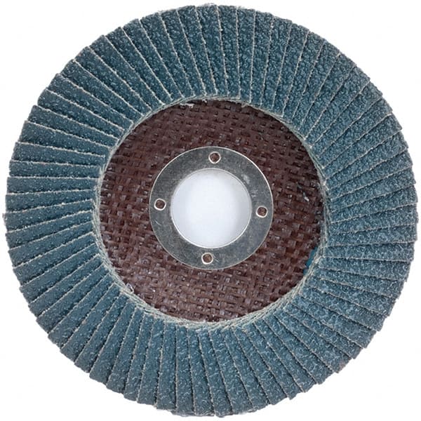 Merit Abrasives - 120 Grit, 7" Disc Diam, 7/8" Center Hole, Type 27 Zirconia Alumina Flap Disc - 8,600 Max RPM, Fiberglass Backing, Arbor Attaching System, Coated - Exact Tooling
