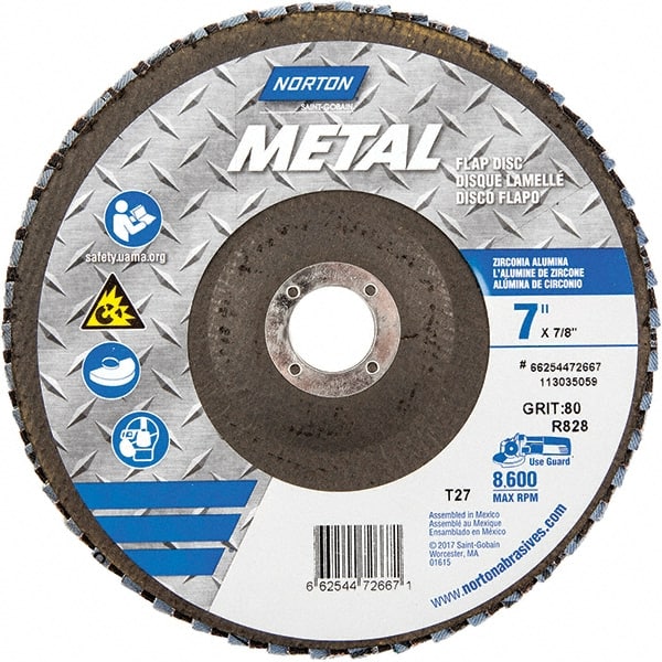 Norton - 80 Grit, 7" Disc Diam, 7/8" Center Hole, Type 27 Zirconia Alumina Flap Disc - 8,600 Max RPM, Fiberglass Backing, Arbor Attaching System, Coated - Exact Tooling