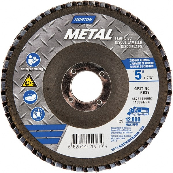 Norton - 80 Grit, 5" Disc Diam, 7/8" Center Hole, Type 29 Zirconia Alumina Flap Disc - 12,000 Max RPM, Fiberglass Backing, Arbor Attaching System, Coated - Exact Tooling