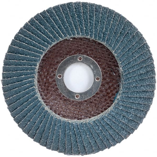 Merit Abrasives - 120 Grit, 5" Disc Diam, 7/8" Center Hole, Type 27 Zirconia Alumina Flap Disc - 12,000 Max RPM, Fiberglass Backing, Arbor Attaching System, Coated - Exact Tooling