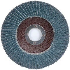 Merit Abrasives - 120 Grit, 5" Disc Diam, 7/8" Center Hole, Type 27 Zirconia Alumina Flap Disc - 12,000 Max RPM, Fiberglass Backing, Arbor Attaching System, Coated - Exact Tooling