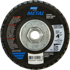 Norton - 80 Grit, 4-1/2" Disc Diam, 5/8-11 Center Hole, Type 29 Zirconia Alumina Flap Disc - 13,300 Max RPM, Fiberglass Backing, Arbor Attaching System, Coated - Exact Tooling