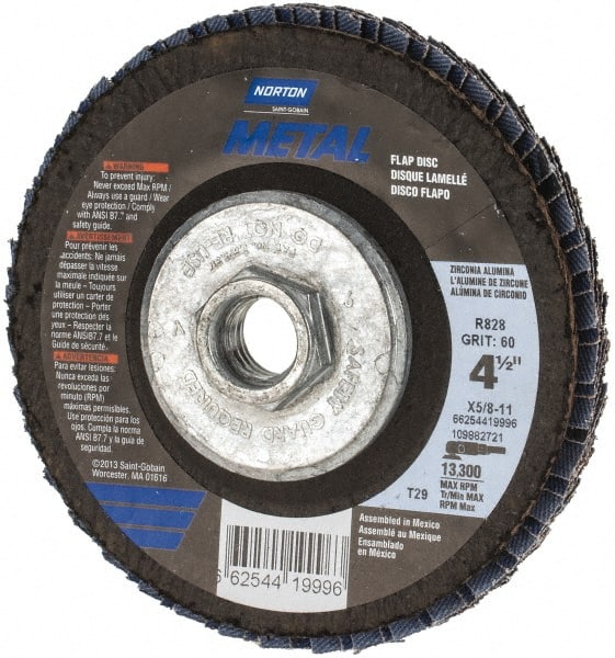 Norton - 60 Grit, 4-1/2" Disc Diam, 5/8-11 Center Hole, Type 29 Zirconia Alumina Flap Disc - 13,300 Max RPM, Fiberglass Backing, Arbor Attaching System, Coated - Exact Tooling
