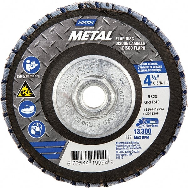 Norton - 40 Grit, 4-1/2" Disc Diam, 5/8-11 Center Hole, Type 29 Zirconia Alumina Flap Disc - 13,300 Max RPM, Fiberglass Backing, Arbor Attaching System, Coated - Exact Tooling