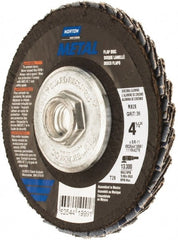 Norton - 36 Grit, 4-1/2" Disc Diam, 5/8-11 Center Hole, Type 29 Zirconia Alumina Flap Disc - 13,300 Max RPM, Fiberglass Backing, Arbor Attaching System, Coated - Exact Tooling
