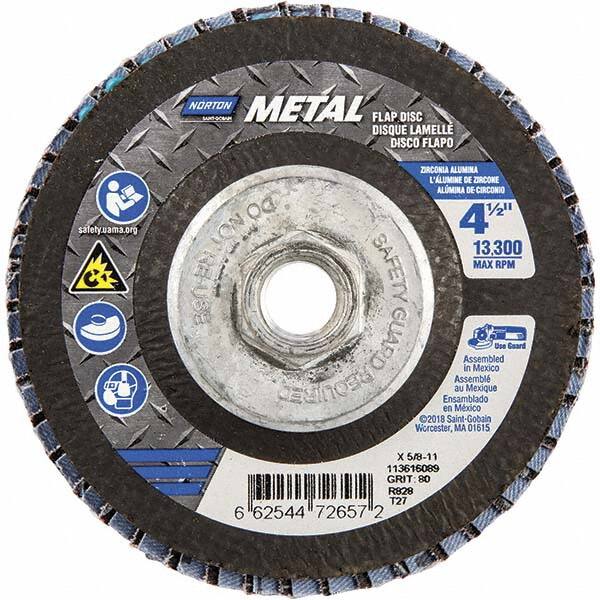 Norton - 80 Grit, 4-1/2" Disc Diam, 5/8-11 Center Hole, Type 27 Zirconia Alumina Flap Disc - 13,300 Max RPM, Fiberglass Backing, Arbor Attaching System, Coated - Exact Tooling