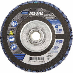 Norton - 60 Grit, 4-1/2" Disc Diam, 5/8-11 Center Hole, Type 27 Zirconia Alumina Flap Disc - 13,300 Max RPM, Fiberglass Backing, Arbor Attaching System, Coated - Exact Tooling