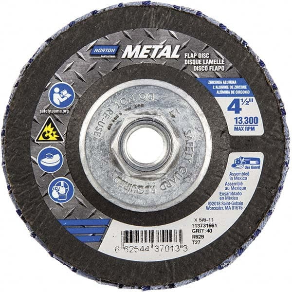 Norton - 40 Grit, 4-1/2" Disc Diam, 5/8-11 Center Hole, Type 27 Zirconia Alumina Flap Disc - 13,300 Max RPM, Fiberglass Backing, Arbor Attaching System, Coated - Exact Tooling
