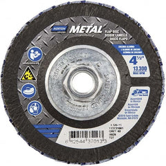 Norton - 40 Grit, 4-1/2" Disc Diam, 5/8-11 Center Hole, Type 27 Zirconia Alumina Flap Disc - 13,300 Max RPM, Fiberglass Backing, Arbor Attaching System, Coated - Exact Tooling