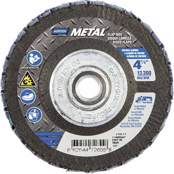 Norton - 36 Grit, 4-1/2" Disc Diam, 5/8-11 Center Hole, Type 27 Zirconia Alumina Flap Disc - 13,300 Max RPM, Fiberglass Backing, Arbor Attaching System, Coated - Exact Tooling