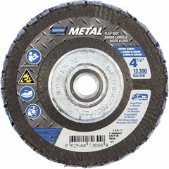 Norton - 36 Grit, 4-1/2" Disc Diam, 5/8-11 Center Hole, Type 27 Zirconia Alumina Flap Disc - 13,300 Max RPM, Fiberglass Backing, Arbor Attaching System, Coated - Exact Tooling