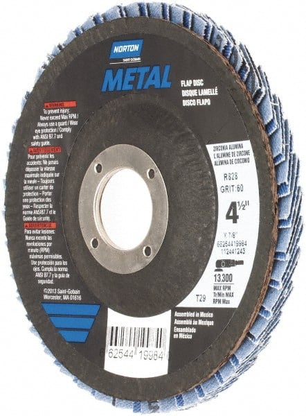 Norton - 60 Grit, 4-1/2" Disc Diam, 7/8" Center Hole, Type 29 Zirconia Alumina Flap Disc - 13,300 Max RPM, Fiberglass Backing, Arbor Attaching System, Coated - Exact Tooling