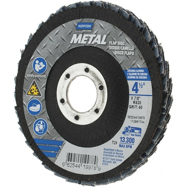 Norton - 40 Grit, 4-1/2" Disc Diam, 7/8" Center Hole, Type 29 Zirconia Alumina Flap Disc - 13,300 Max RPM, Fiberglass Backing, Arbor Attaching System, Coated - Exact Tooling