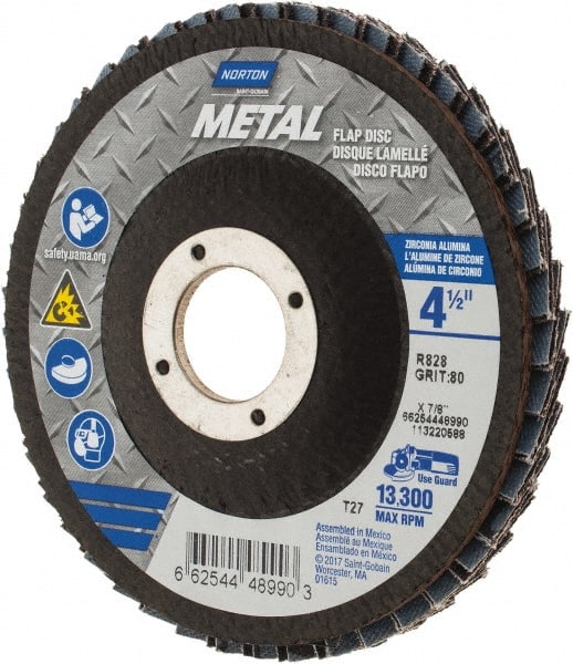 Norton - 80 Grit, 4-1/2" Disc Diam, 7/8" Center Hole, Type 27 Zirconia Alumina Flap Disc - 13,300 Max RPM, Fiberglass Backing, Arbor Attaching System, Coated - Exact Tooling