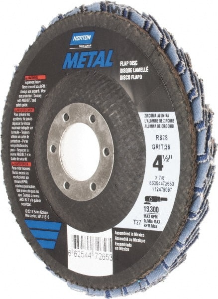 Norton - 36 Grit, 4-1/2" Disc Diam, 7/8" Center Hole, Type 27 Zirconia Alumina Flap Disc - 13,300 Max RPM, Fiberglass Backing, Arbor Attaching System, Coated - Exact Tooling