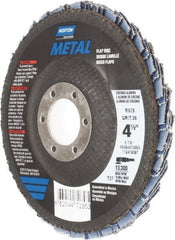 Norton - 36 Grit, 4-1/2" Disc Diam, 7/8" Center Hole, Type 27 Zirconia Alumina Flap Disc - 13,300 Max RPM, Fiberglass Backing, Arbor Attaching System, Coated - Exact Tooling