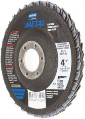 Norton - 40 Grit, 4-1/2" Disc Diam, 7/8" Center Hole, Type 27 Zirconia Alumina Flap Disc - 13,300 Max RPM, Fiberglass Backing, Arbor Attaching System, Coated - Exact Tooling